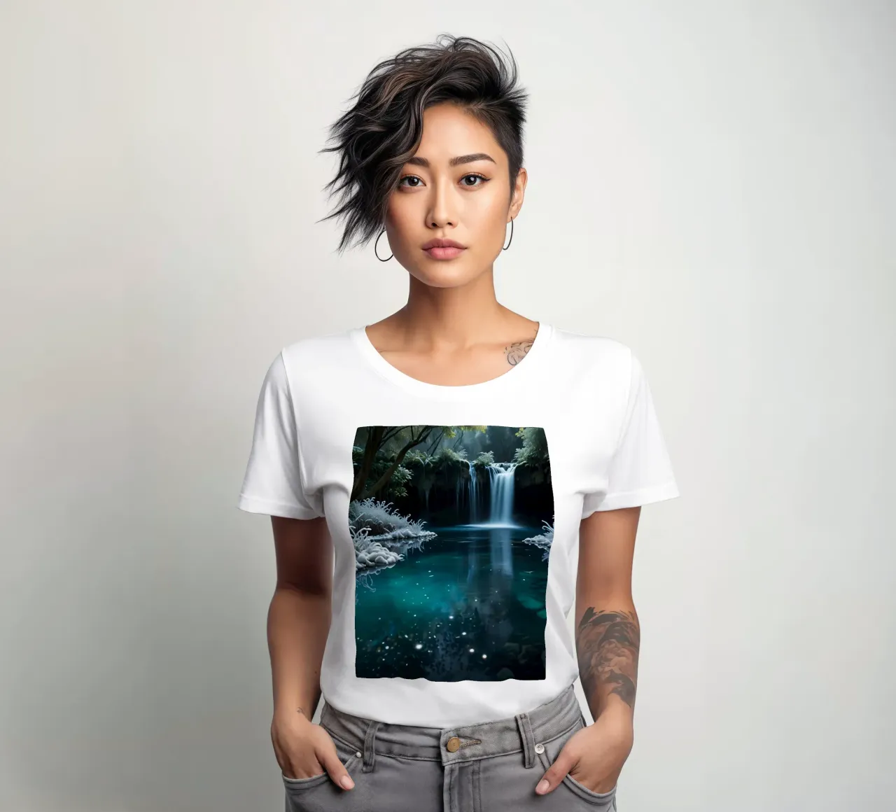 A serene winter waterfall shimmering under the moonlight in women's fitted t-shirt by DesignDoodle