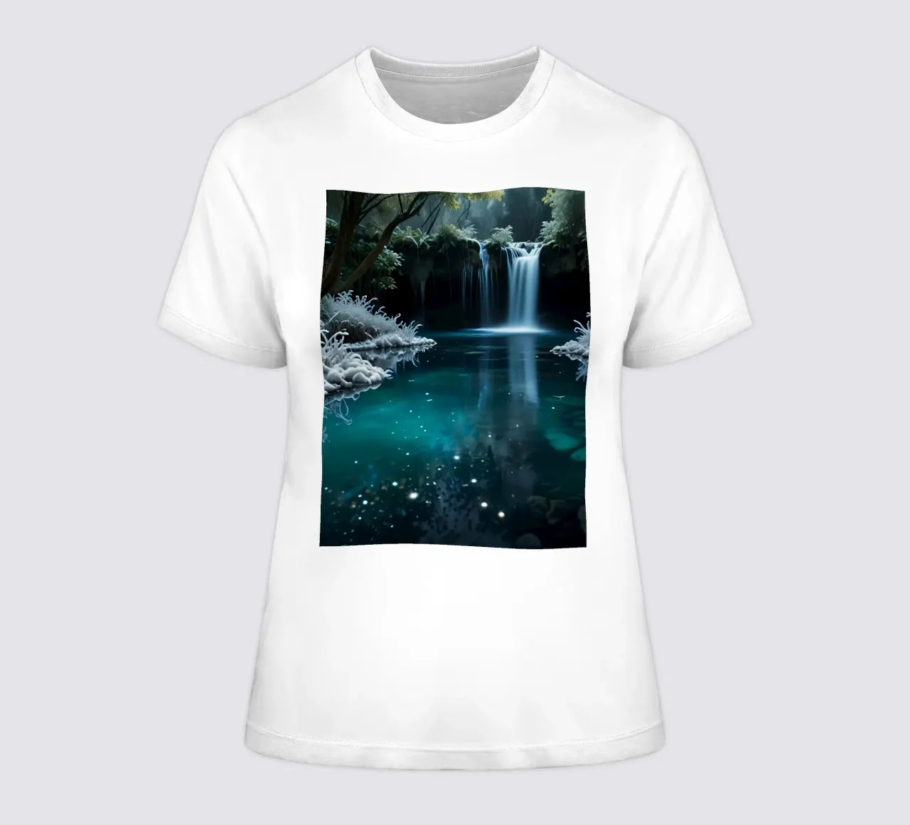 A serene winter waterfall shimmering under the moonlight in women's fitted t-shirt by DesignDoodle