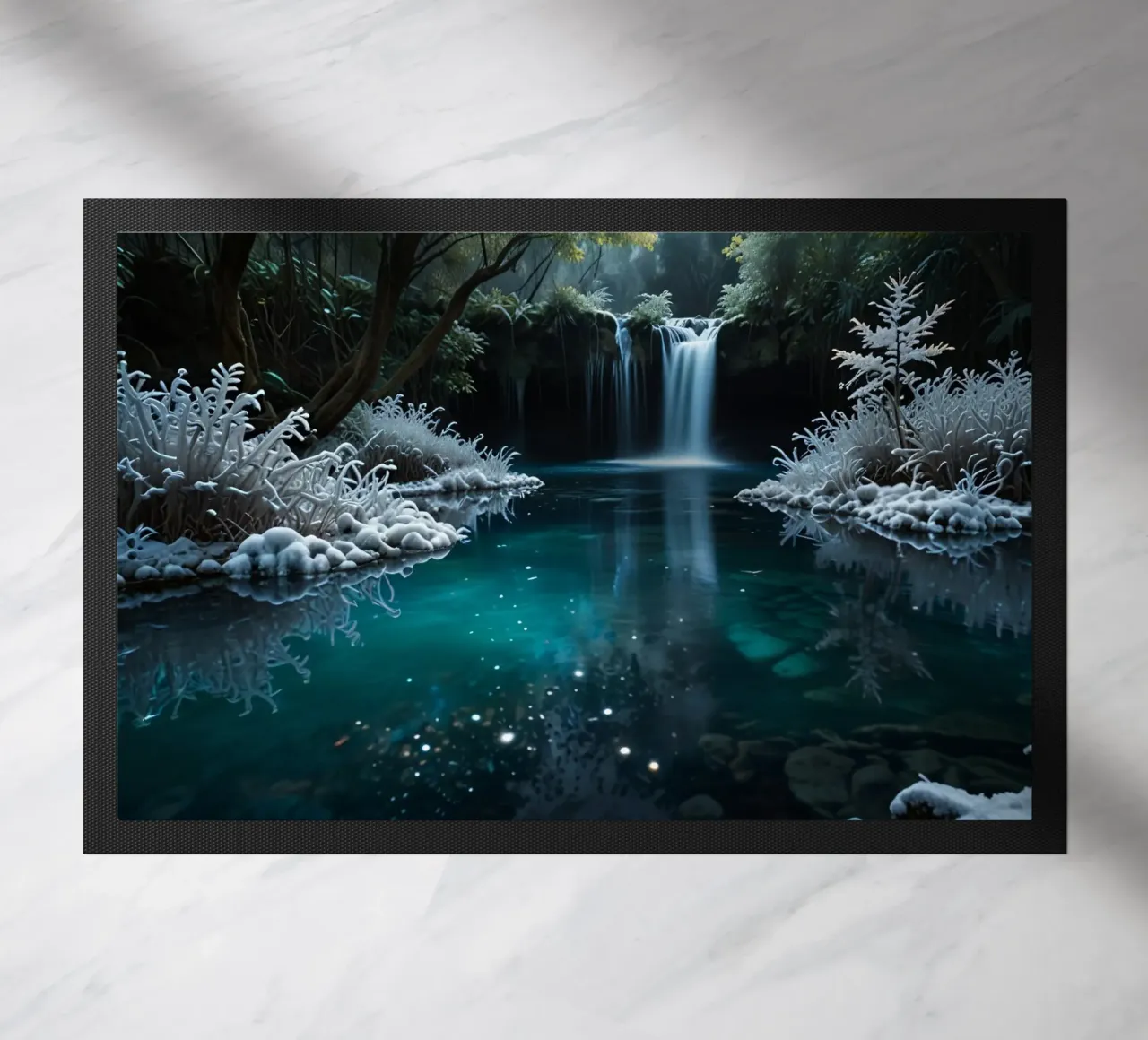 A serene winter waterfall shimmering under the moonlight in doormat by DesignDoodle