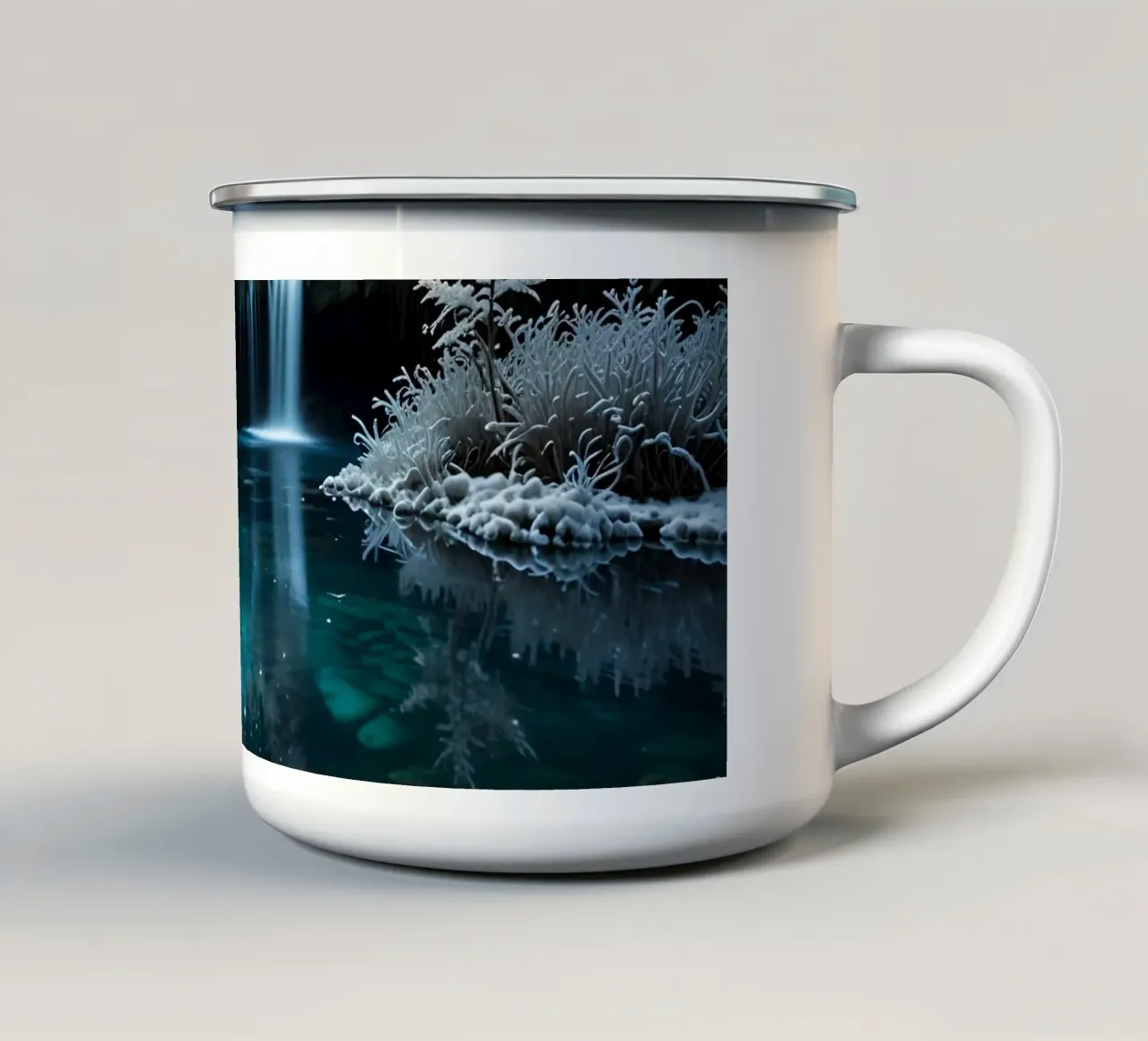 Una serena cascata invernale che brilla sotto la luce della luna in tazza in smalto da DesignDoodle