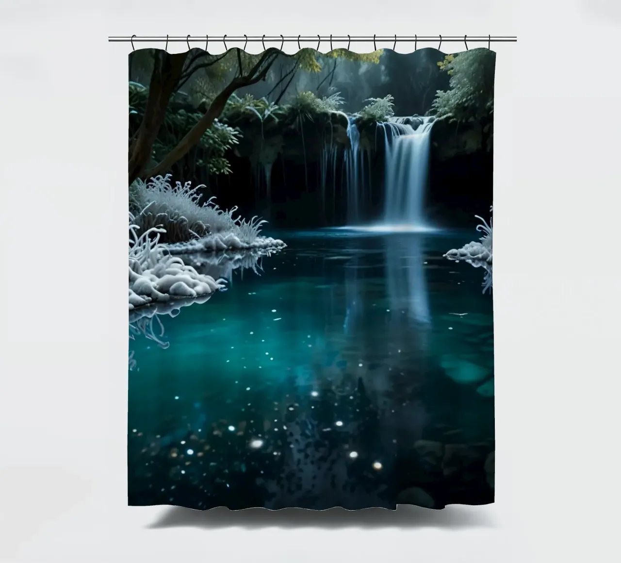 A serene winter waterfall shimmering under the moonlight in shower curtain by DesignDoodle