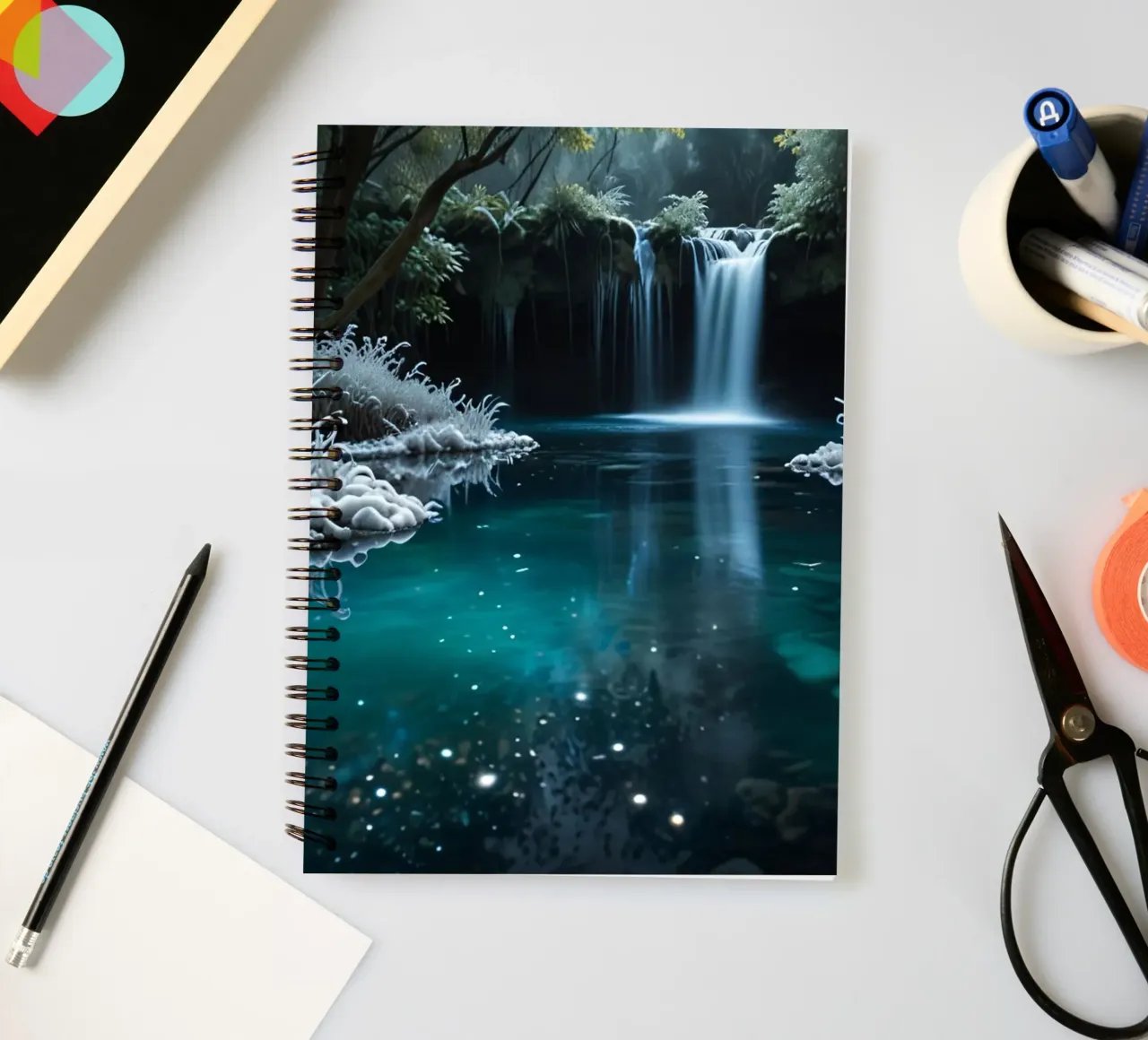 A serene winter waterfall shimmering under the moonlight in spiral notebook by DesignDoodle