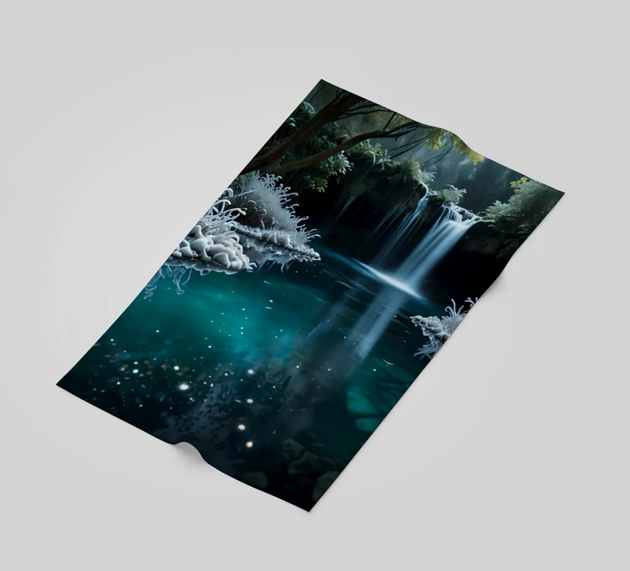 A serene winter waterfall shimmering under the moonlight in beach towel by DesignDoodle