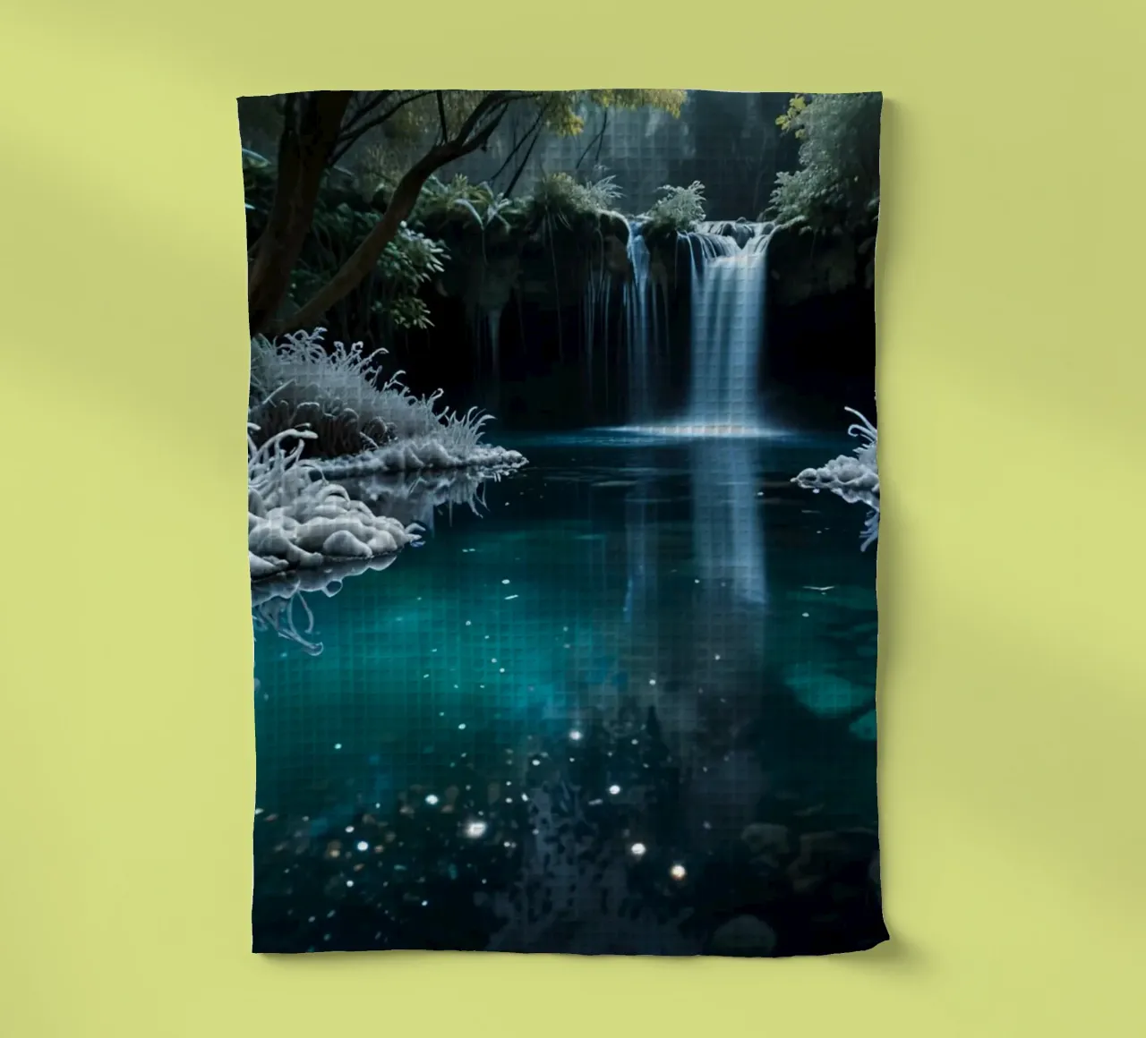 A serene winter waterfall shimmering under the moonlight in tea towel by DesignDoodle