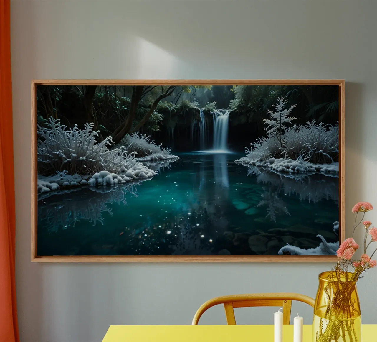 A serene winter waterfall shimmering under the moonlight in canvas by DesignDoodle
