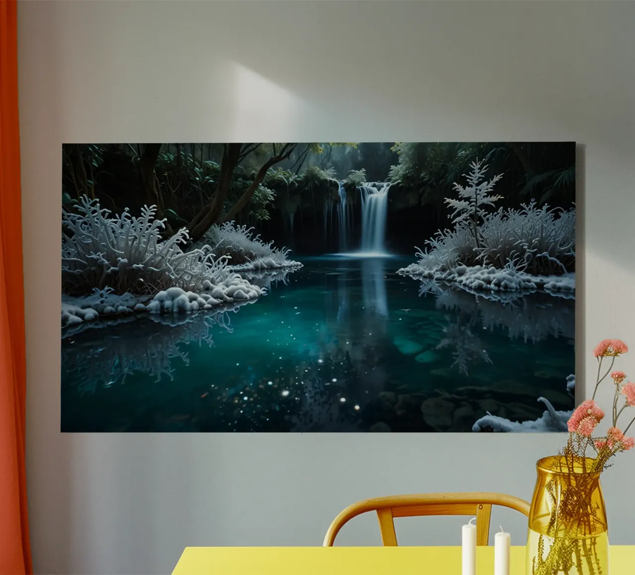 A serene winter waterfall shimmering under the moonlight in canvas by DesignDoodle