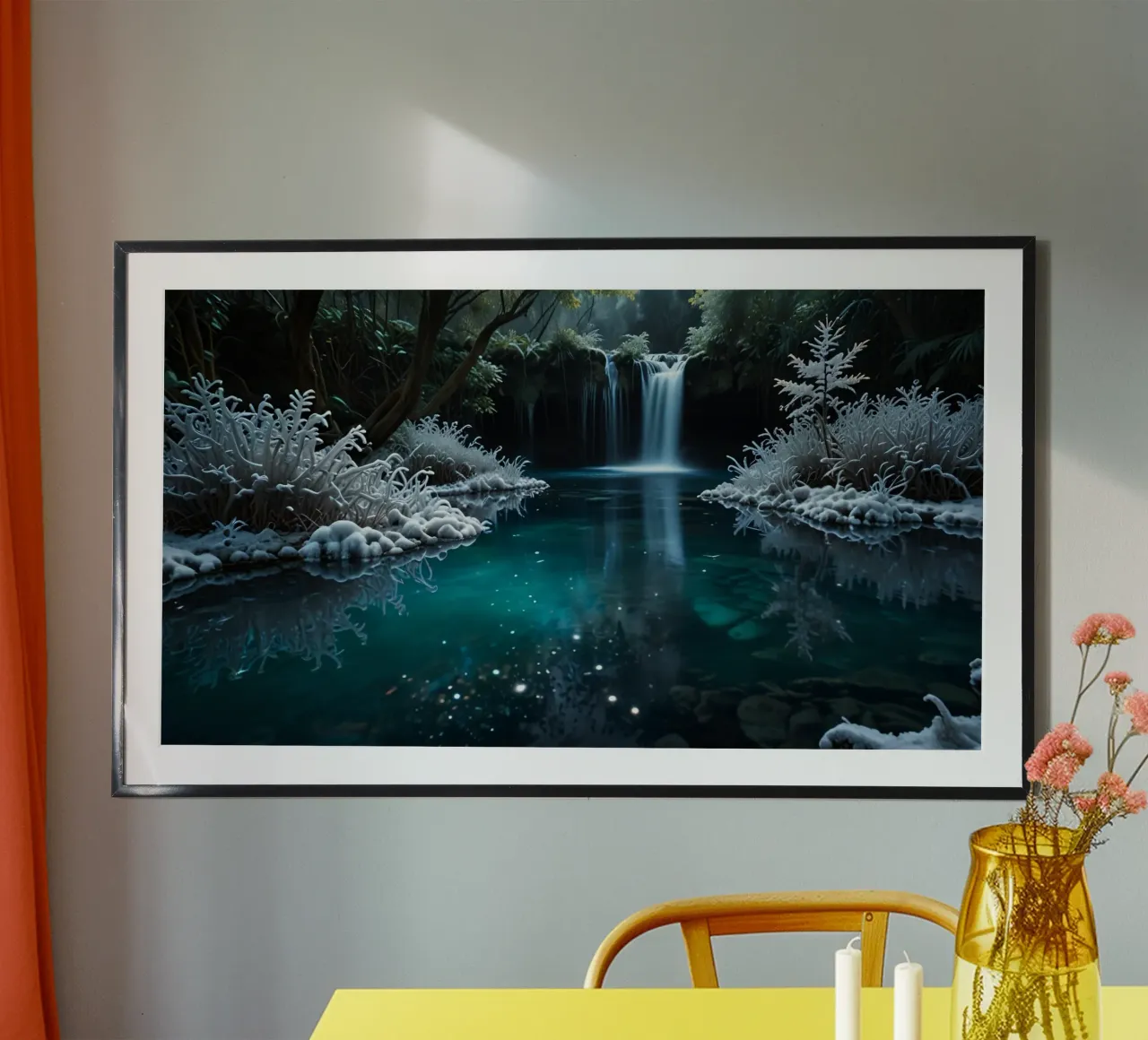 A serene winter waterfall shimmering under the moonlight in poster by DesignDoodle
