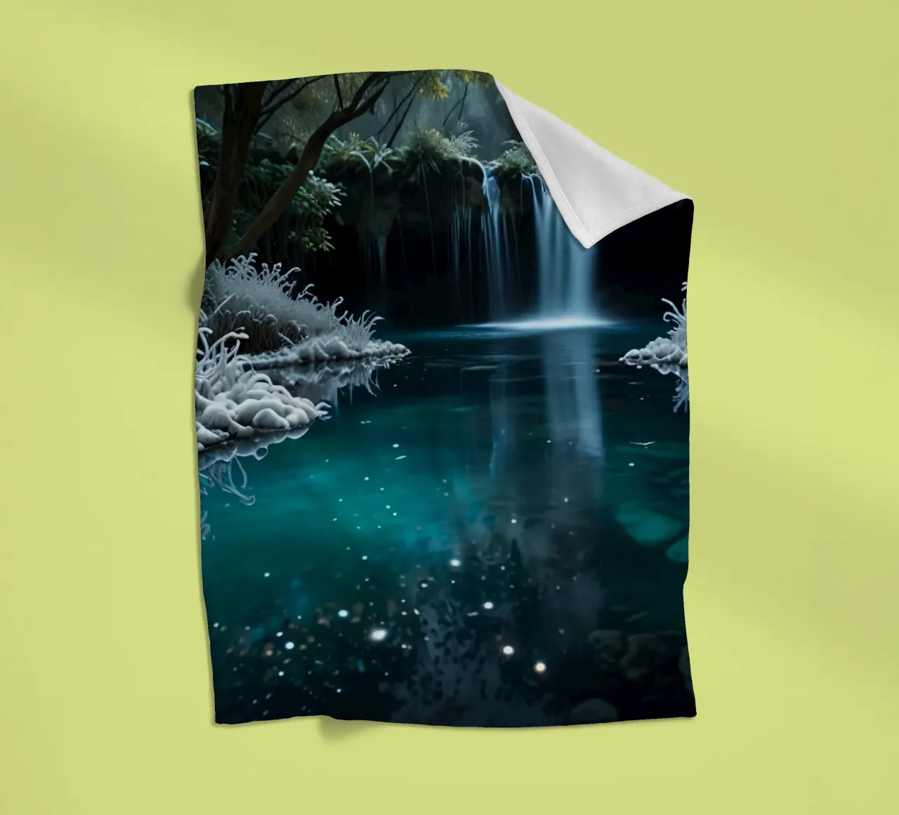 A serene winter waterfall shimmering under the moonlight in fleece blanket by DesignDoodle