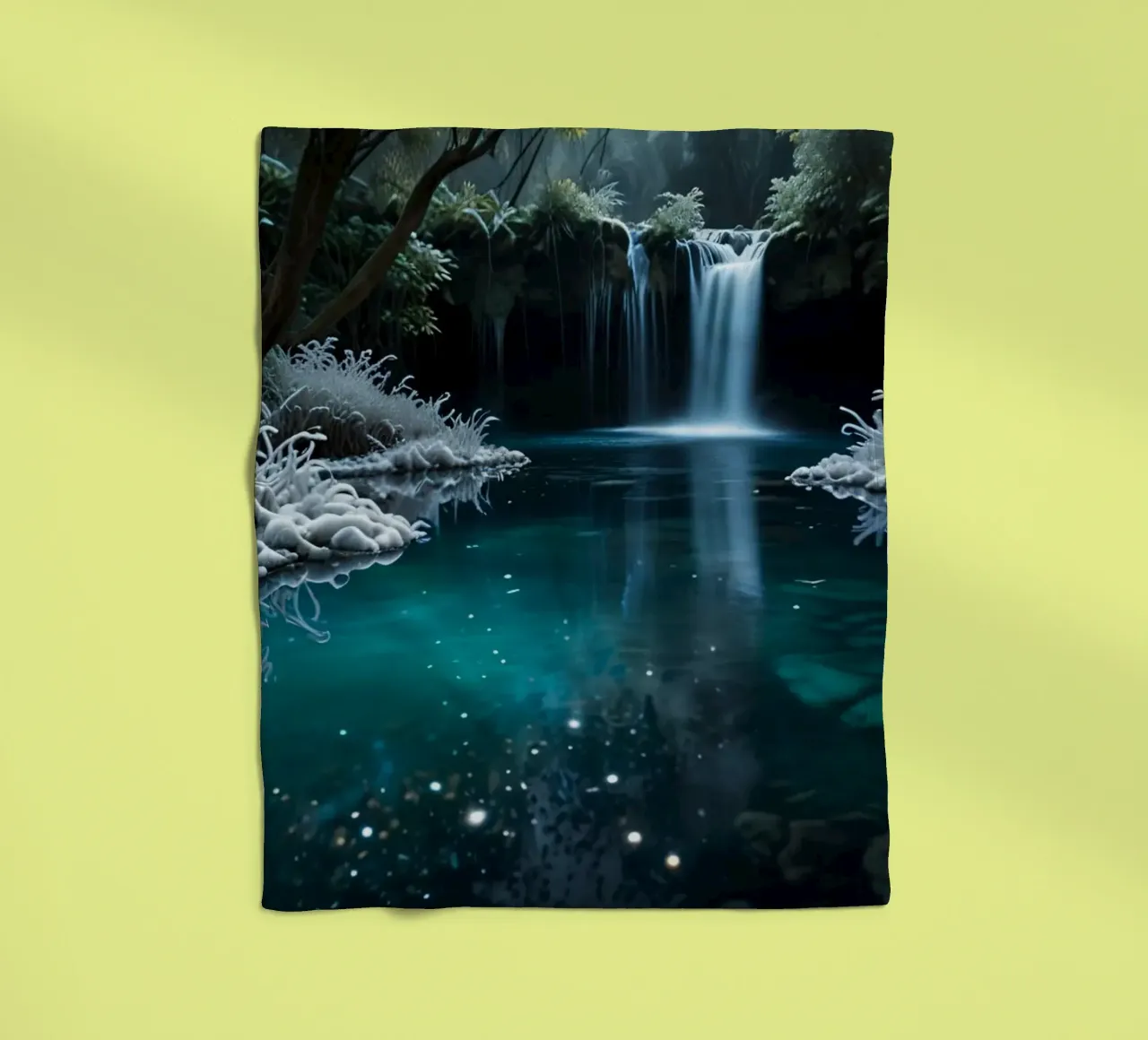 A serene winter waterfall shimmering under the moonlight in fleece blanket by DesignDoodle