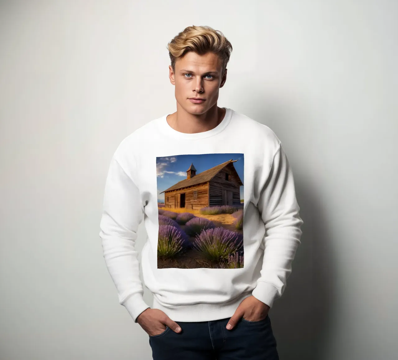 Campi di lavanda sotto un cielo limpido con un rustico fienile di legno felpa da DesignDoodle