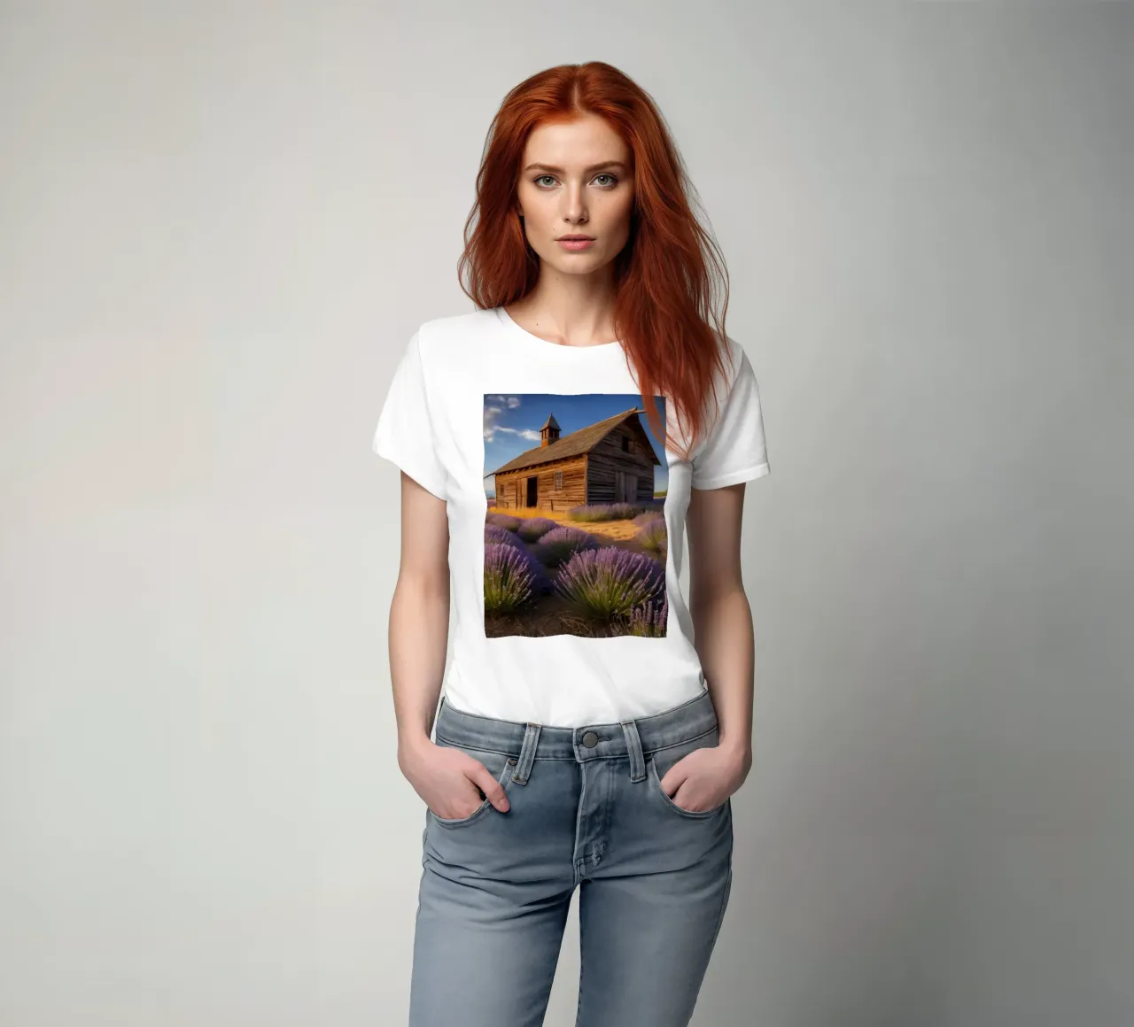 Campi di lavanda sotto un cielo limpido con un rustico fienile di legno t-shirt da DesignDoodle