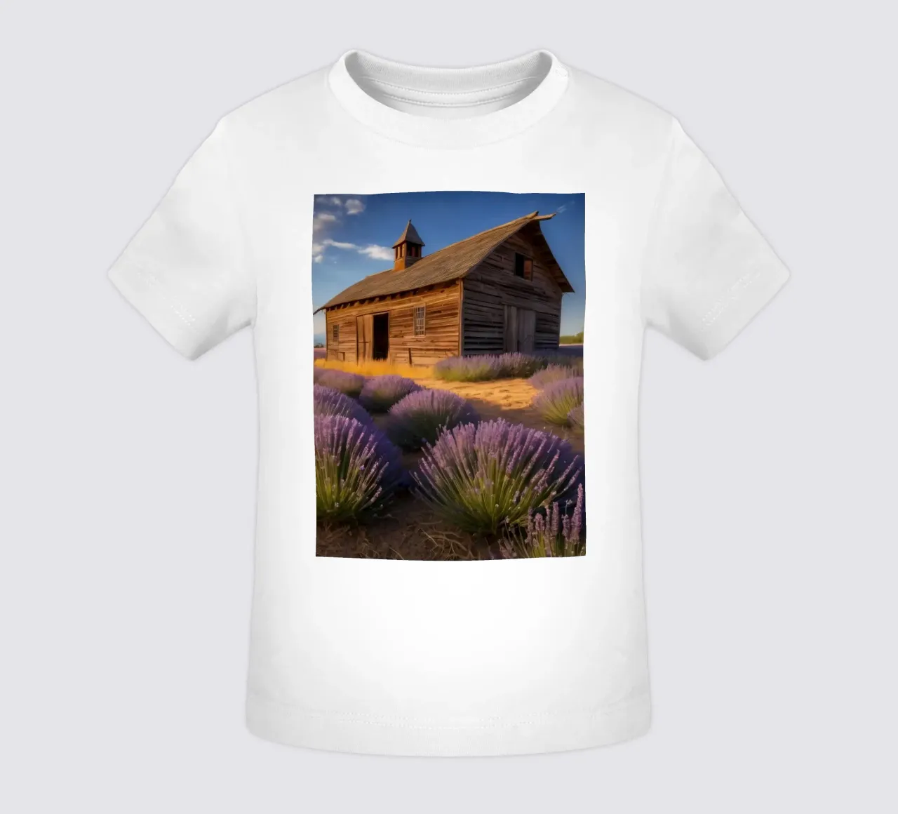 Campi di lavanda sotto un cielo limpido con un rustico fienile di legno maglietta neonato da DesignDoodle