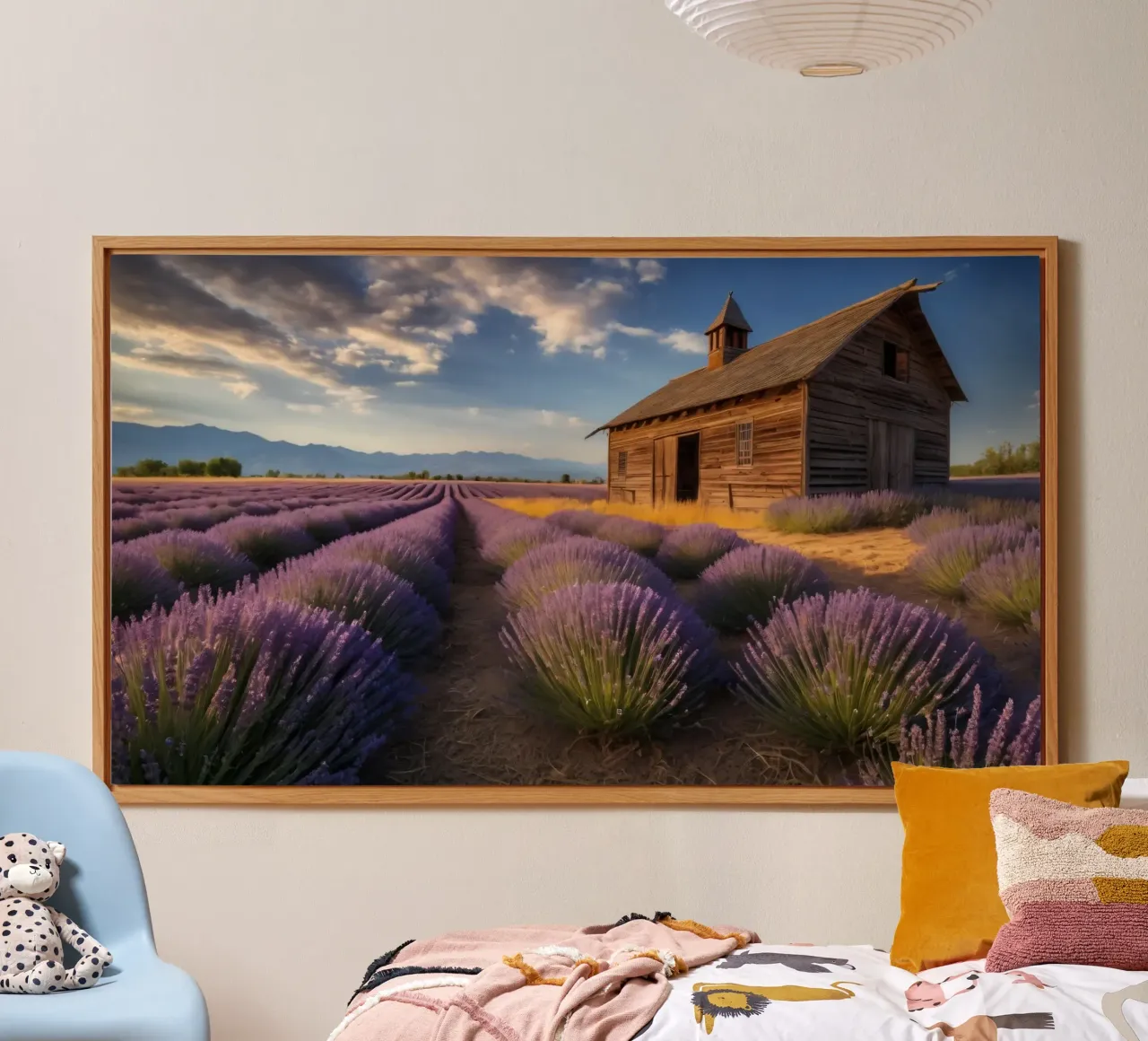 Campi di lavanda sotto un cielo limpido con un rustico fienile di legno alluminio dibond da DesignDoodle