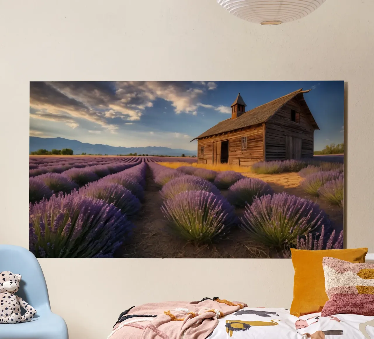 Campi di lavanda sotto un cielo limpido con un rustico fienile di legno alluminio dibond da DesignDoodle