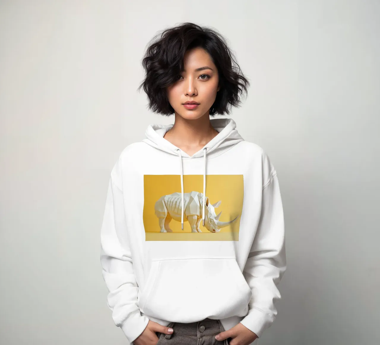 Paper Rhino on Yellow hoodie by Lisa Artifexia