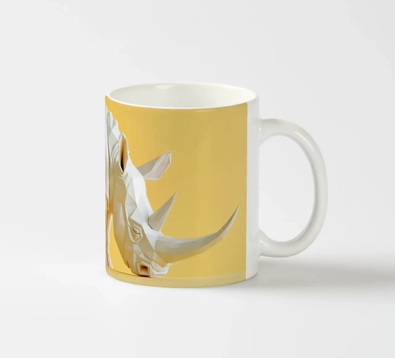 Rinoceronte di carta su giallo tazza in ceramica da Lisa Artifexia