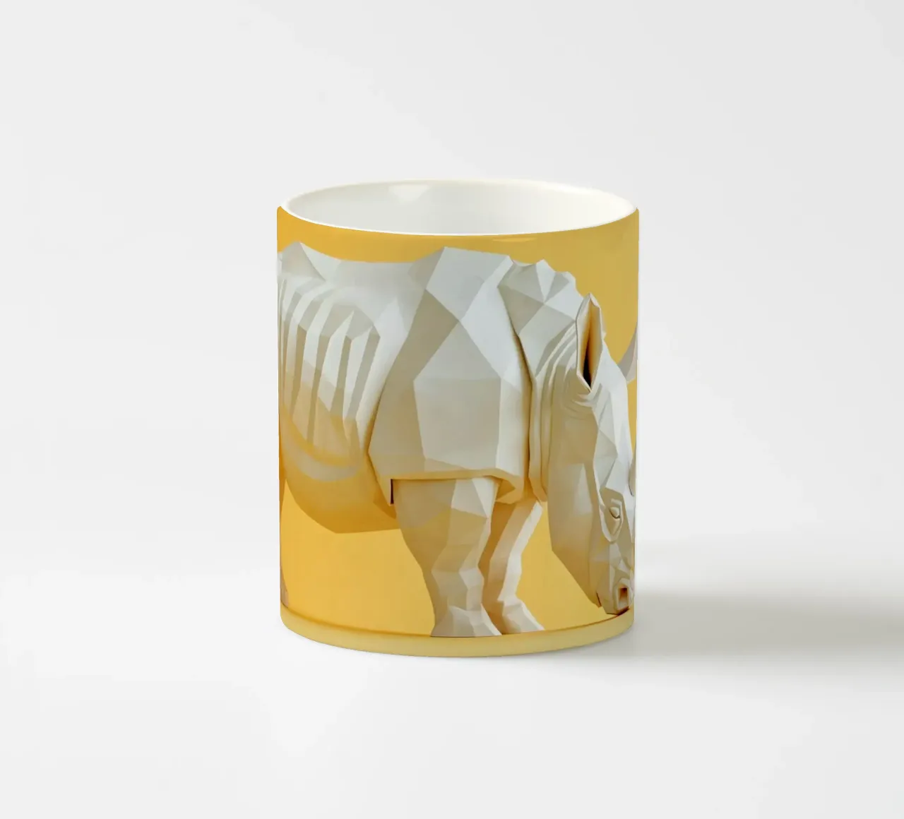 Rinoceronte di carta su giallo tazza in ceramica da Lisa Artifexia