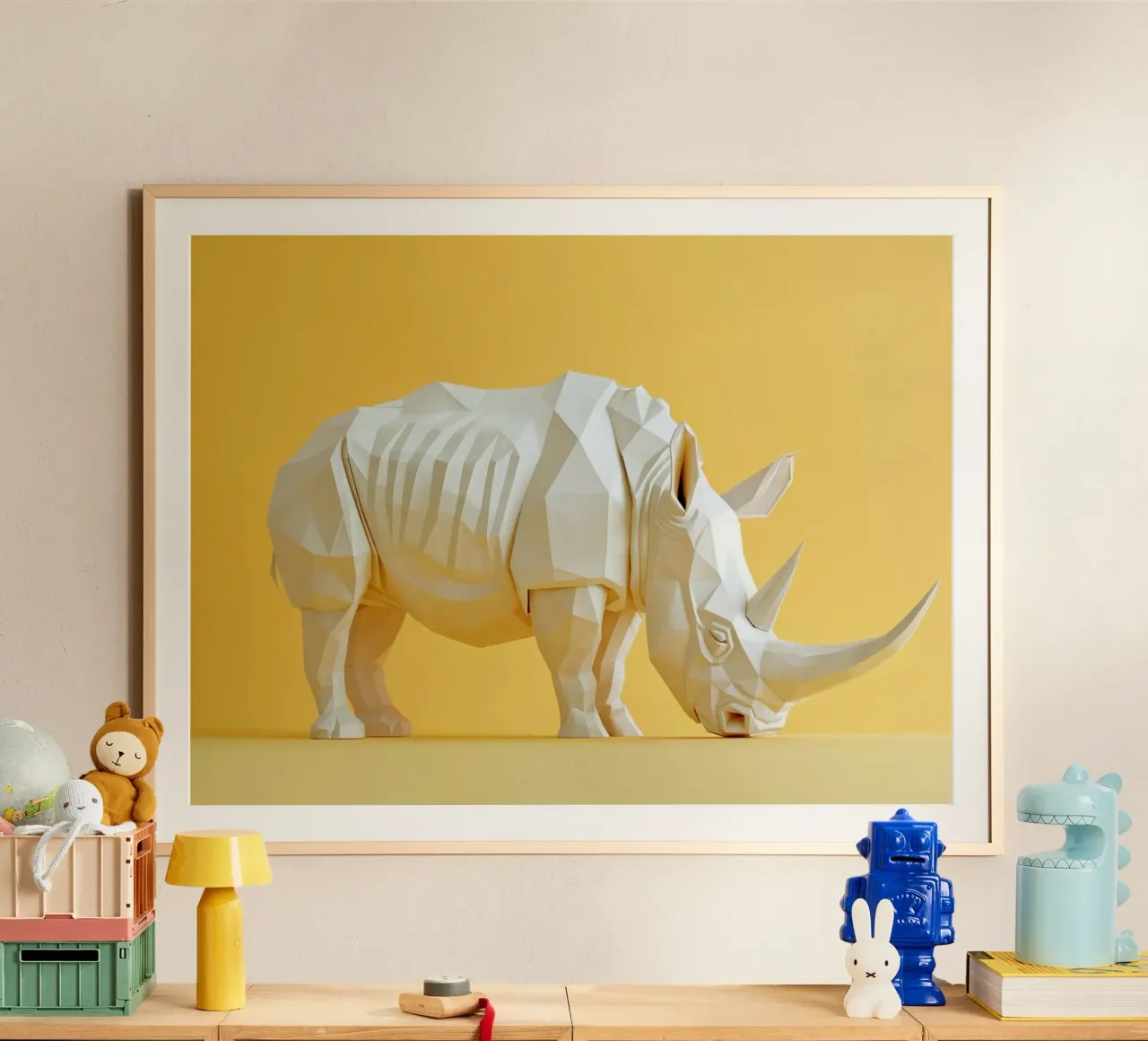 Rhinocéros en papier sur fond jaune poster avec cadre en aluminium de Lisa Artifexia