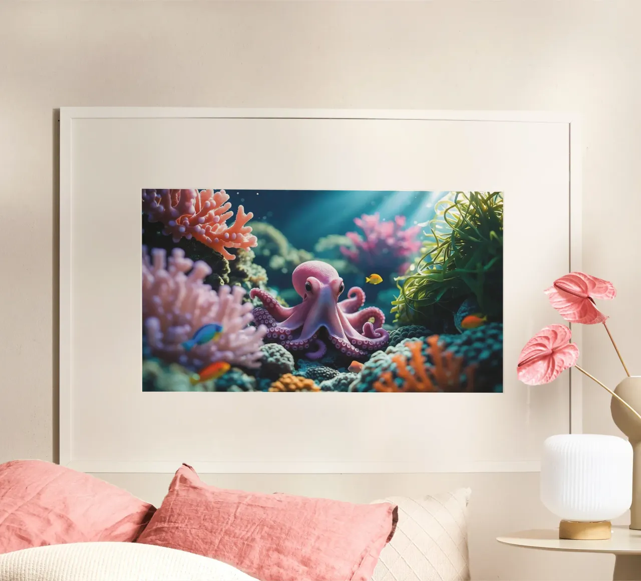 🪸🐙 Polpo | Incontro morbido e rosa (1) poster con telaio in alluminio da Trinkets NL Design Studio