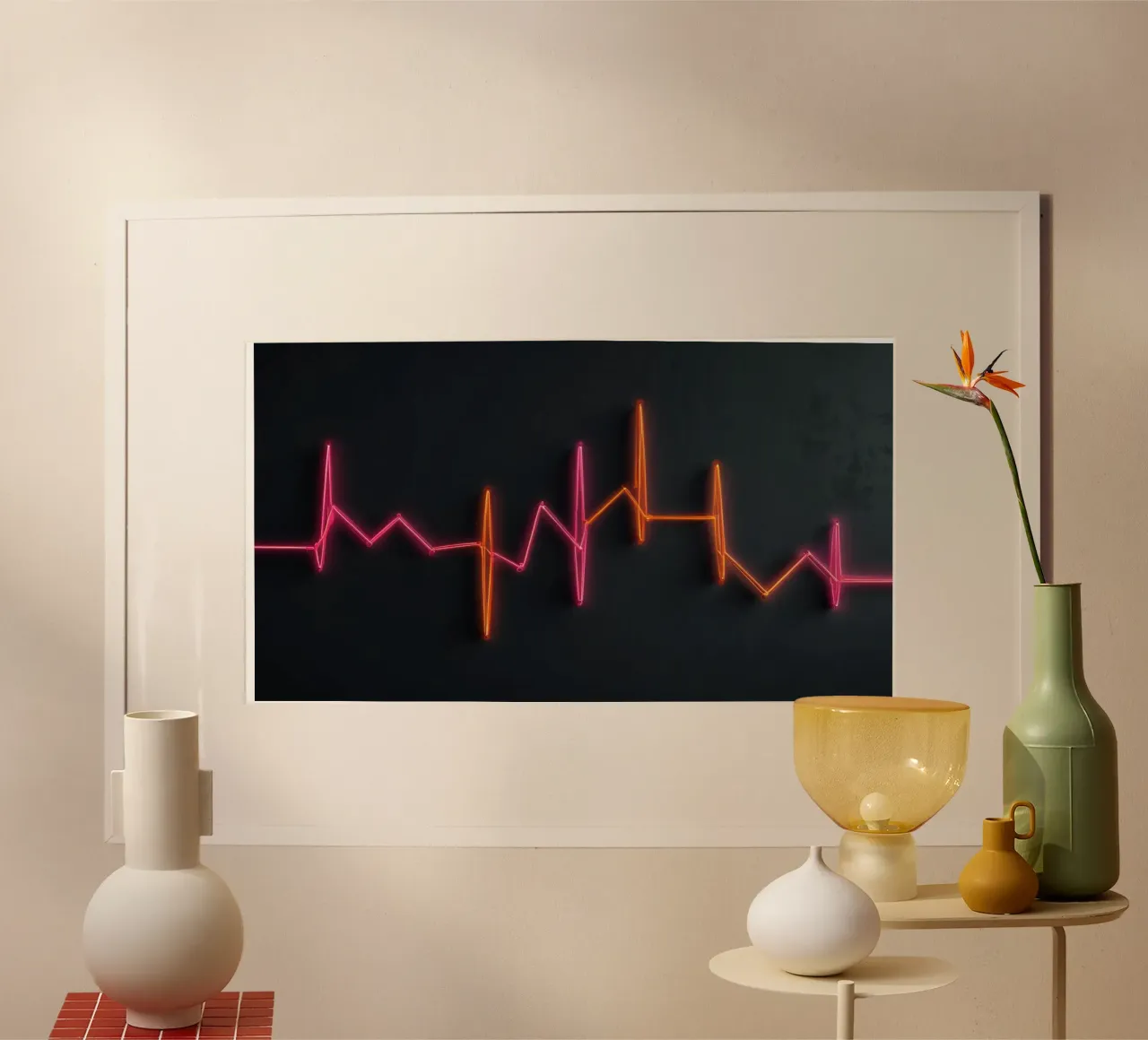 Gráfico de latidos de neón con vibrantes líneas de pulso poster con marco de plástico de DesignDoodle