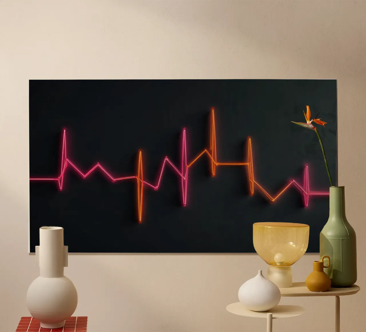 Gráfico de latidos de neón con vibrantes líneas de pulso poster con marco de plástico de DesignDoodle