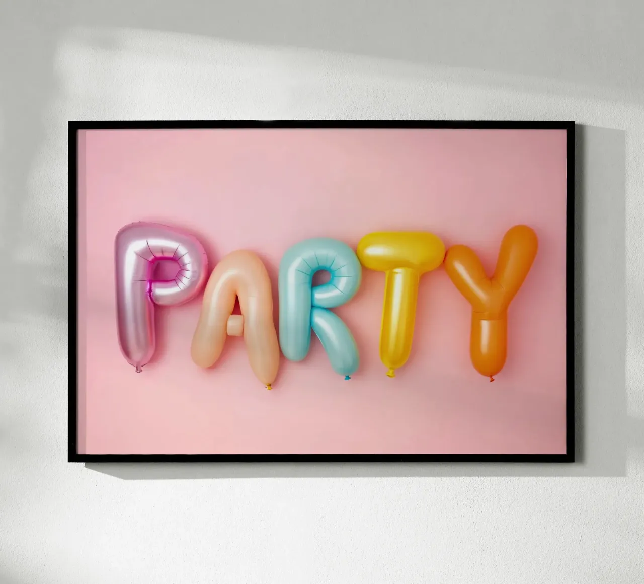 Palloncini Party Letter su rosa poster con telaio in legno da Lisa Artifexia
