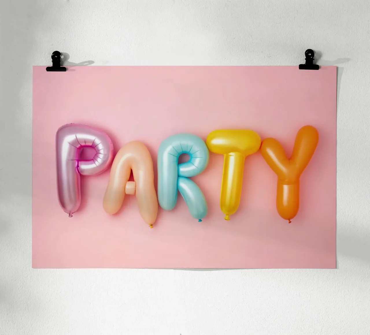 Palloncini Party Letter su rosa poster con telaio in legno da Lisa Artifexia