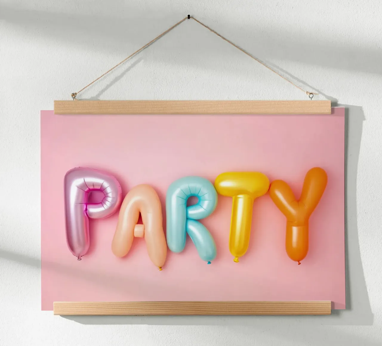 Palloncini Party Letter su rosa poster con telaio in legno da Lisa Artifexia