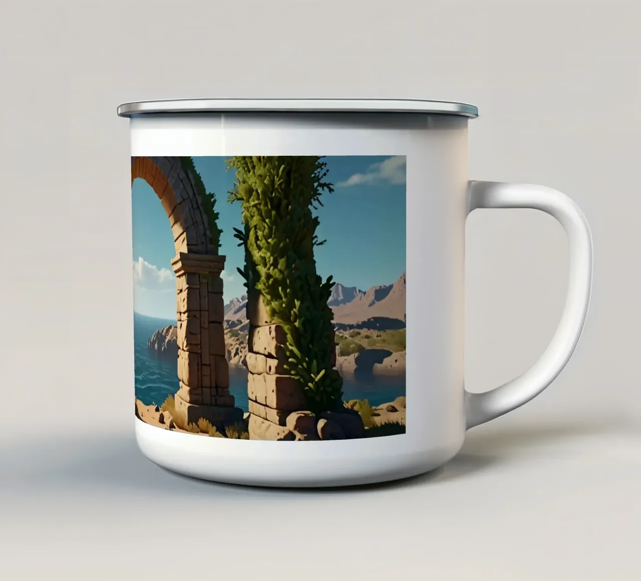 Antichi archi in pietra con una vegetazione lussureggiante che si affaccia su un sereno tazza in smalto da DesignDoodle