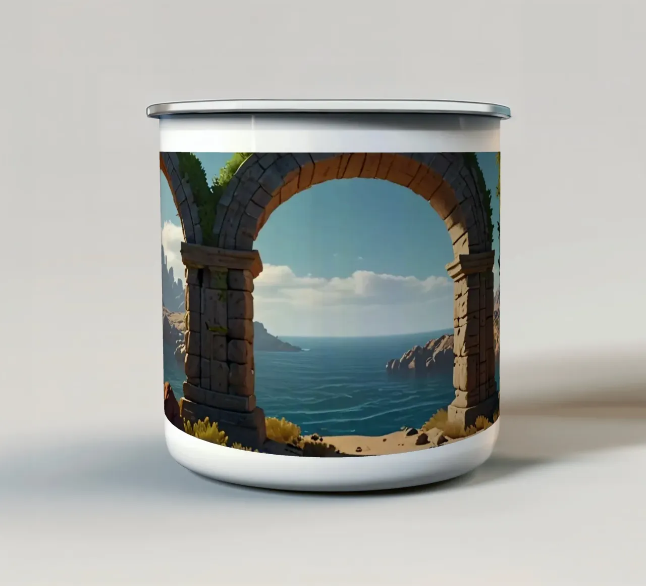 Antichi archi in pietra con una vegetazione lussureggiante che si affaccia su un sereno tazza in smalto da DesignDoodle