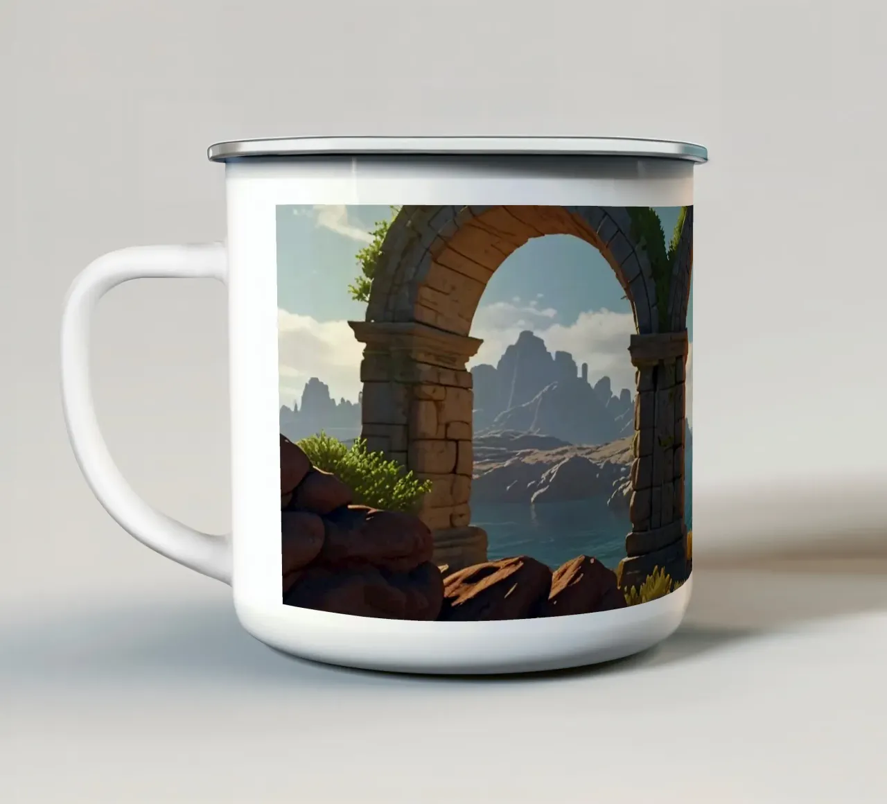 Antichi archi in pietra con una vegetazione lussureggiante che si affaccia su un sereno tazza in smalto da DesignDoodle