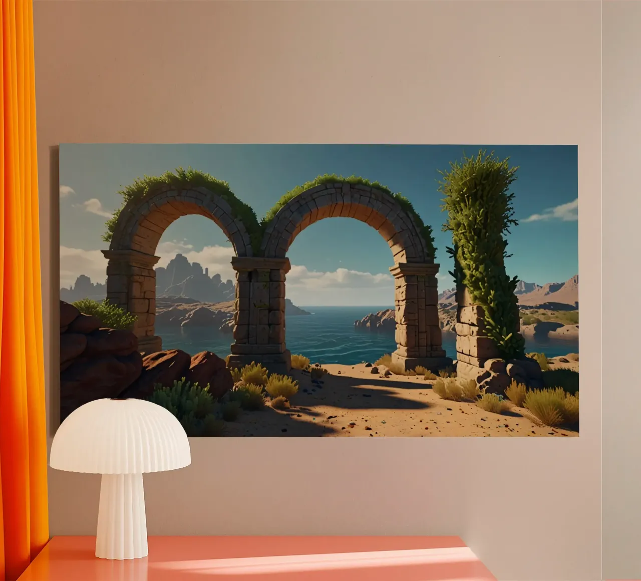 Oude stenen bogen met weelderig groen met uitzicht op een serene canvas met Baklijst van DesignDoodle