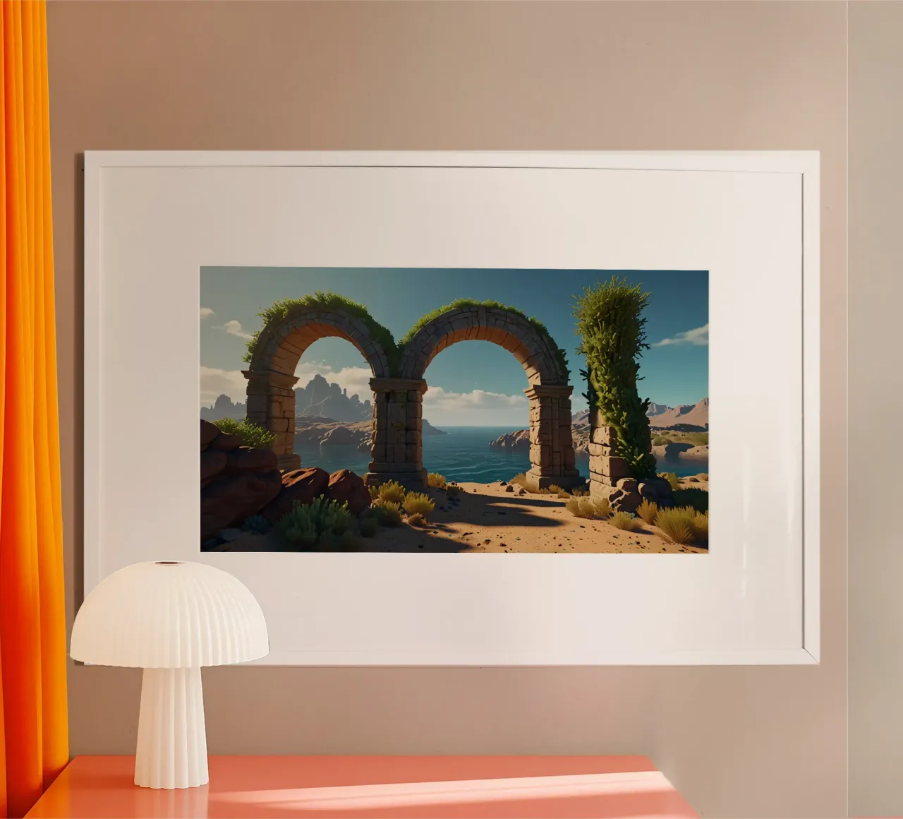 Antichi archi in pietra con una vegetazione lussureggiante che si affaccia su un sereno poster con telaio in legno da DesignDoodle