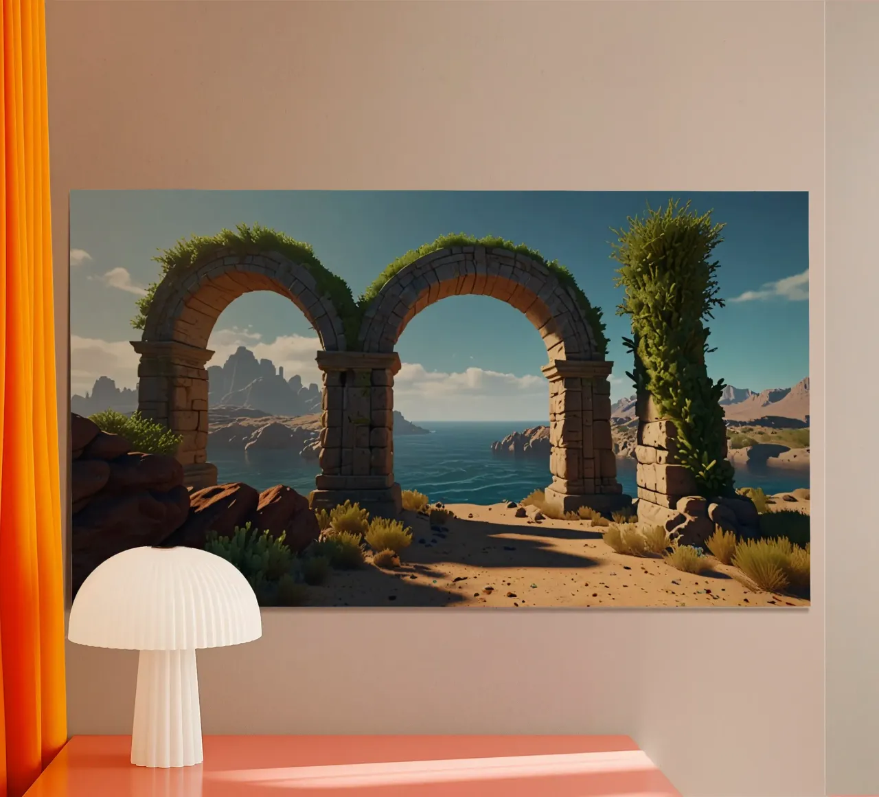 Antichi archi in pietra con una vegetazione lussureggiante che si affaccia su un sereno poster con telaio in legno da DesignDoodle