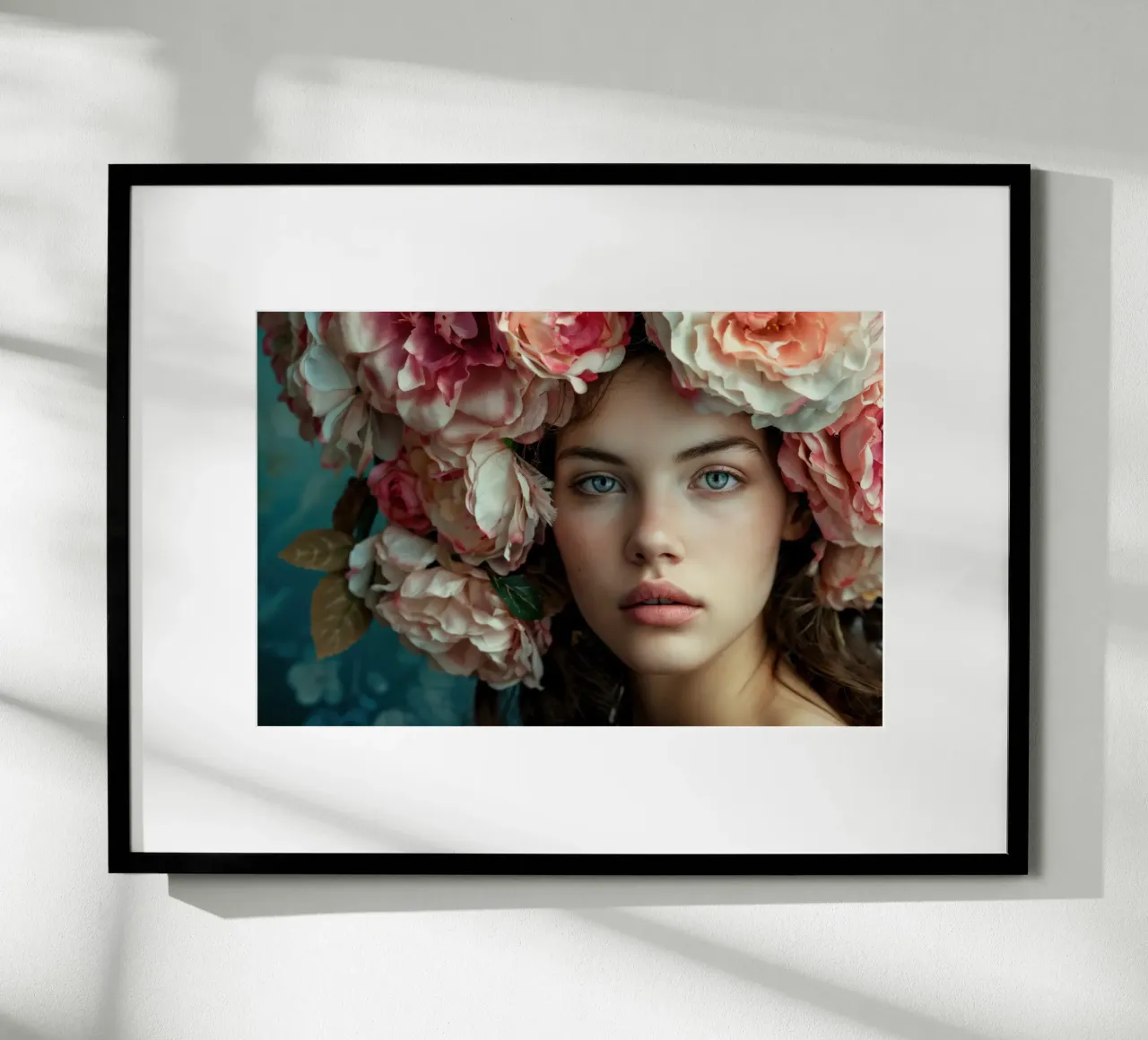 Donna con copricapo floreale poster con telaio in legno da Lisa Artifexia