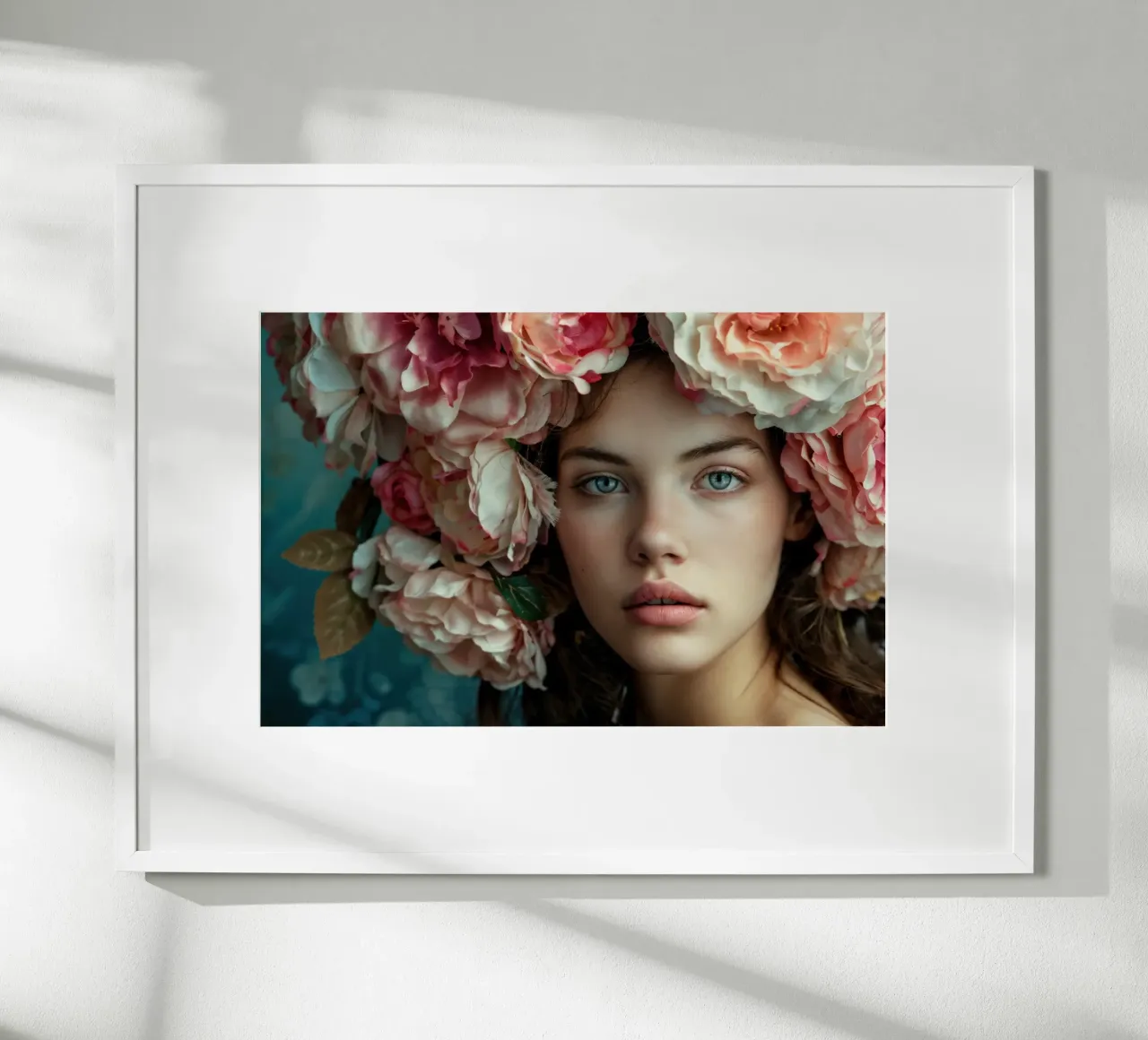 Donna con copricapo floreale poster con telaio in legno da Lisa Artifexia