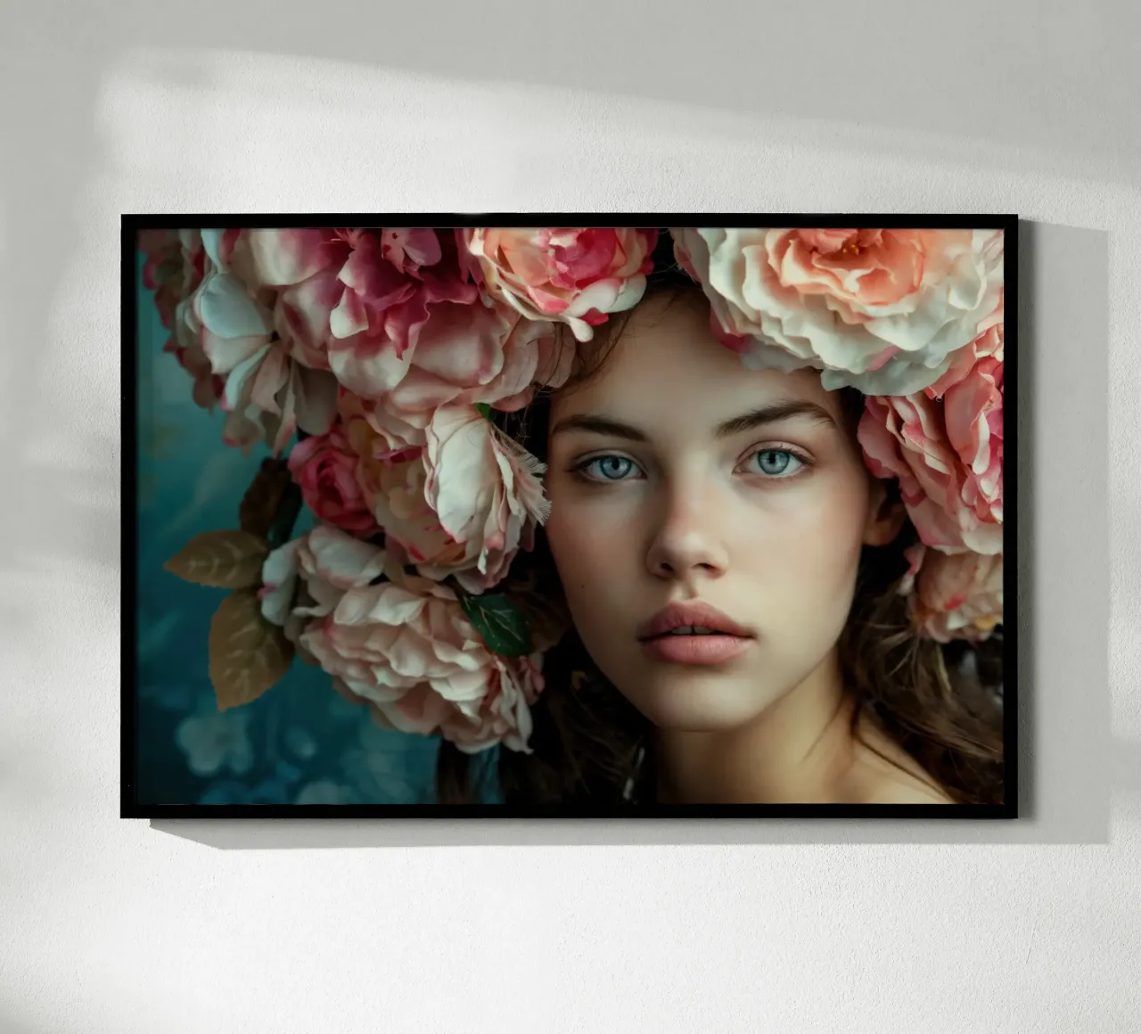 Donna con copricapo floreale poster con telaio in legno da Lisa Artifexia