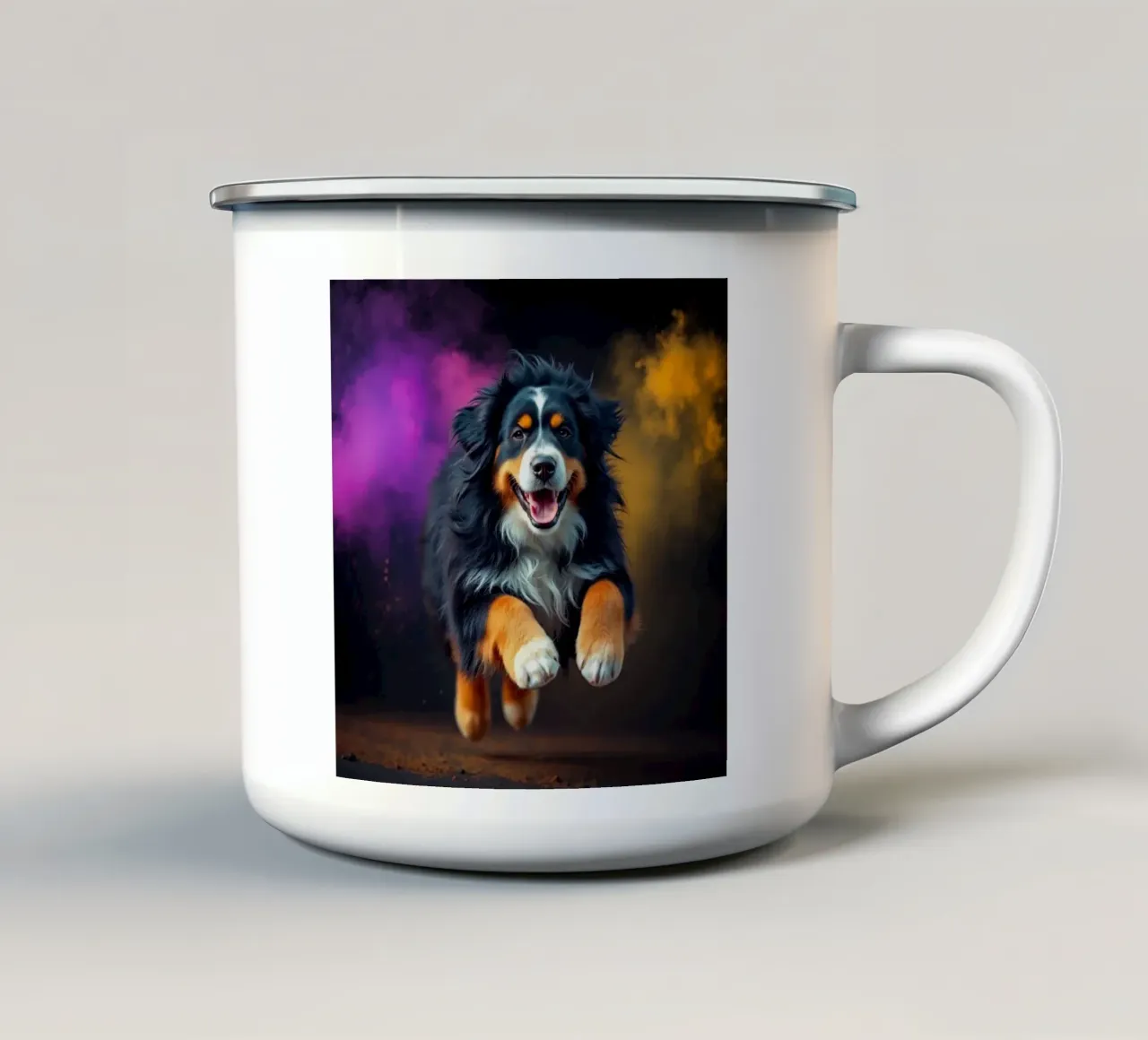 De kleurrijke Berner Sennenhond #173 emaille mok van Yumis.Beargang.and.Me