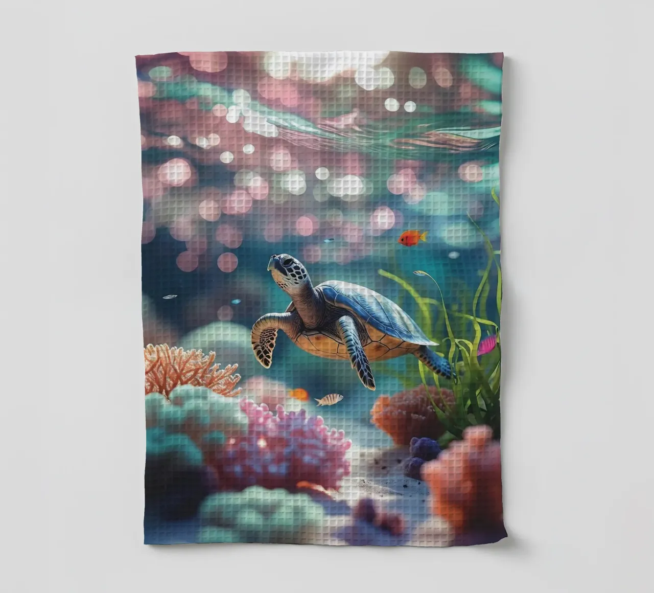 Tortue de mer - Jeu de lumière dans le récif corallien torchon de Trinkets NL Design Studio