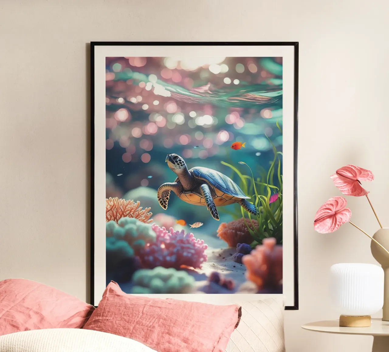🪸🐢 Tortue de mer - Jeu de lumière dans le récif corallien poster avec cadre en plastique de Trinkets NL Design Studio