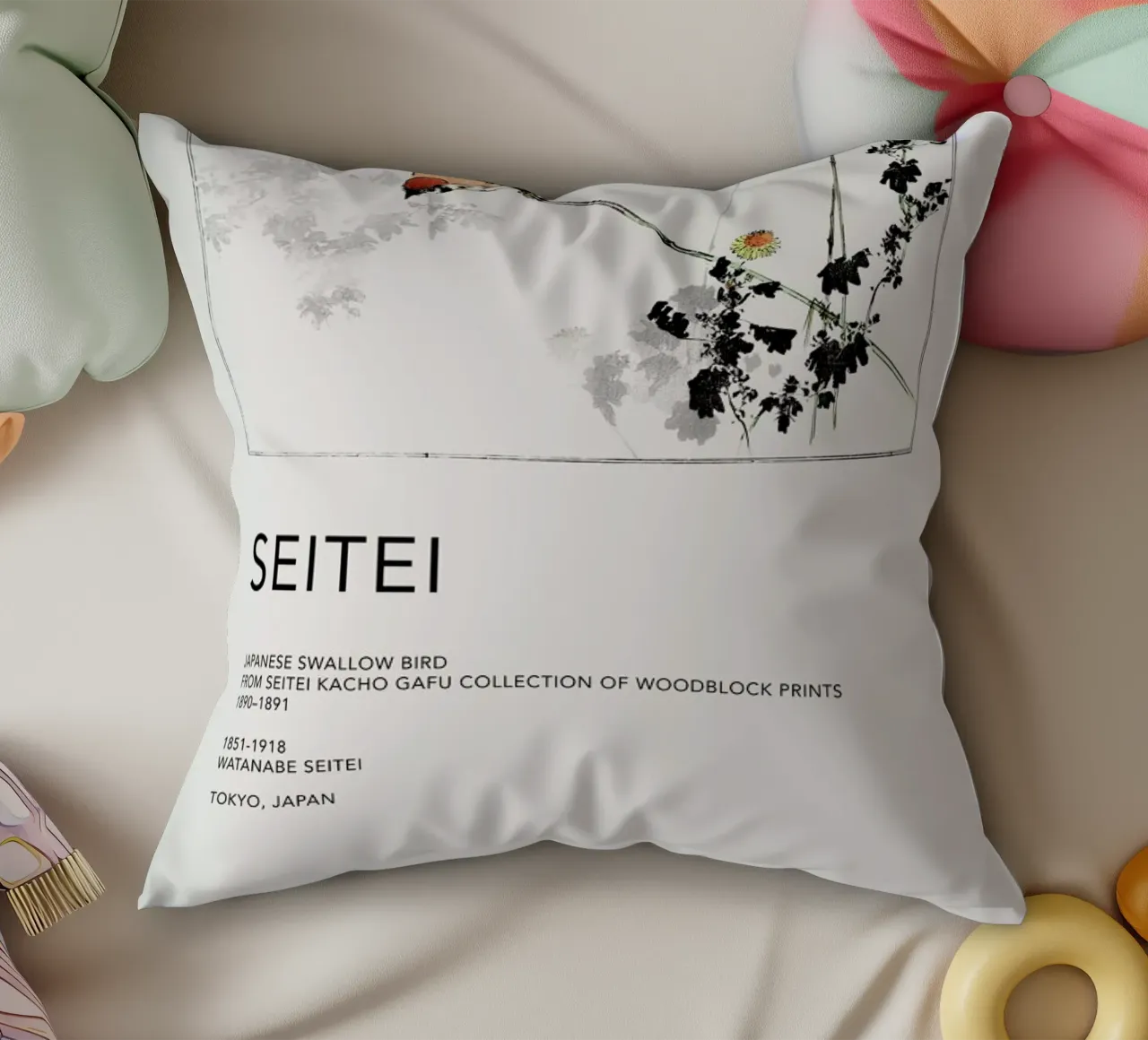 Seitei - Japanese Swallow Bird decorative cushion by Vintage by JUNIQE