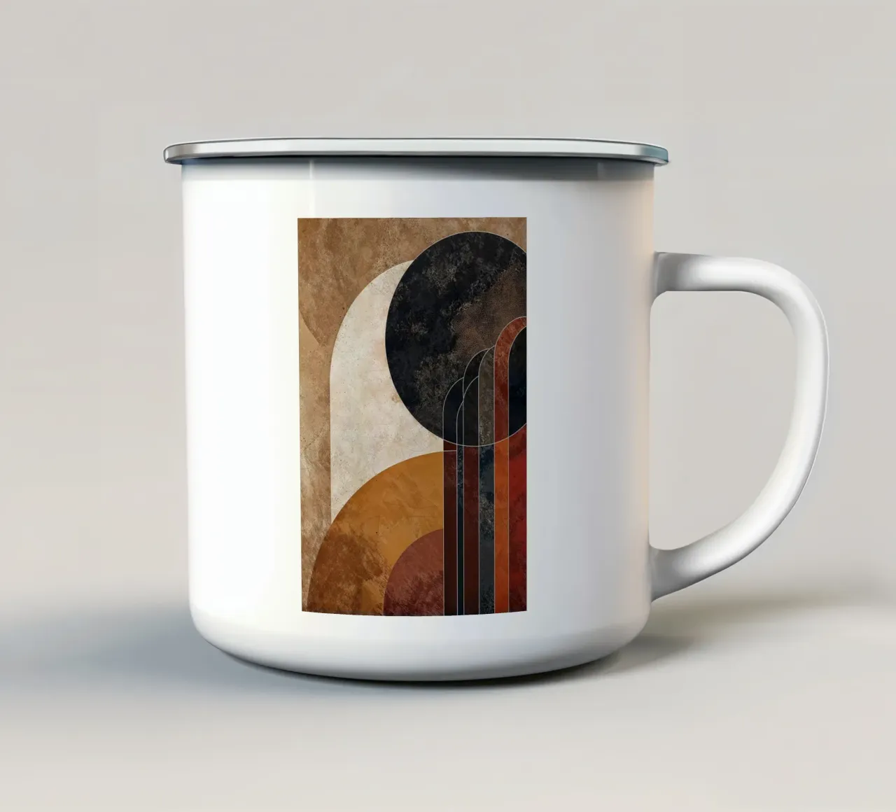 geometrische Formen Kreise Bögen Linien strukturierte Oberflächen erdig Emaille Tasse von Gloria A Kifyuk