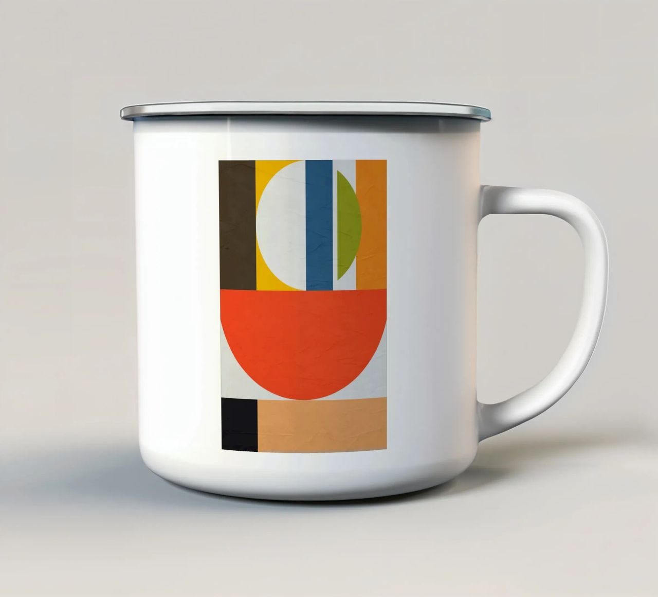 geometric shapes circle half-circle rectangles lines color b enamel mug by Gloria A Kifyuk