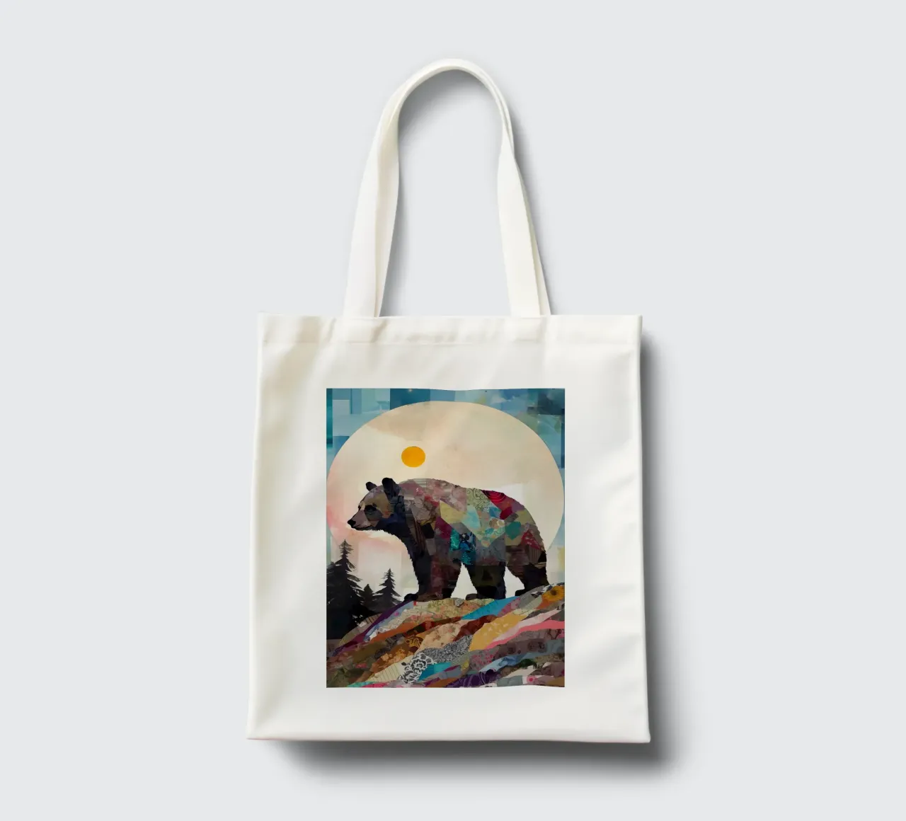 orso sole luna foresta alberi montagna silhouette patchwork col borsa in juta da minerva santiago