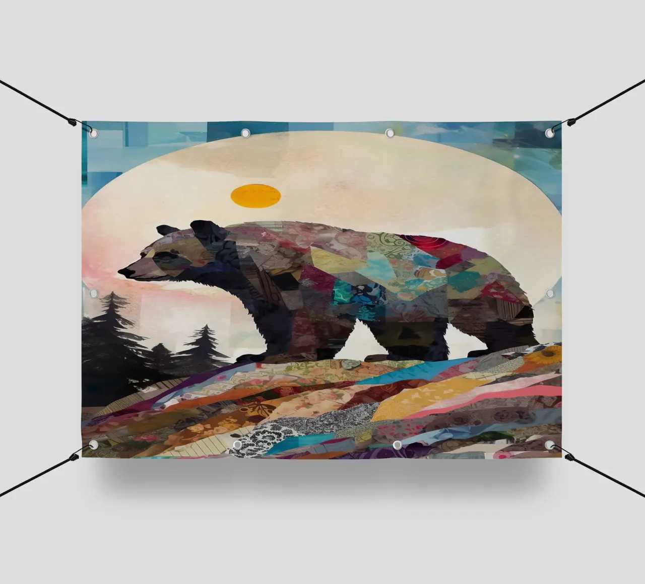 orso sole luna foresta alberi montagna silhouette patchwork col telo in pvc da minerva santiago