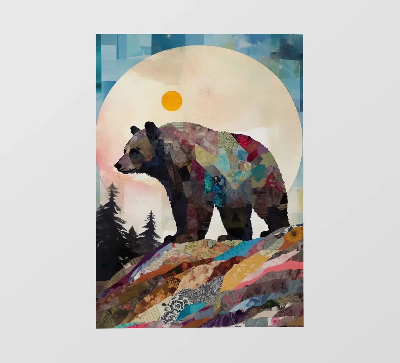 orso sole luna foresta alberi montagna silhouette patchwork col telo in pvc da minerva santiago