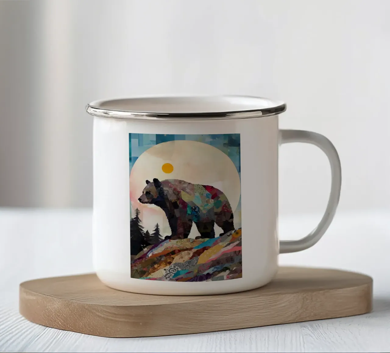 orso sole luna foresta alberi montagna silhouette patchwork col tazza in smalto da minerva santiago