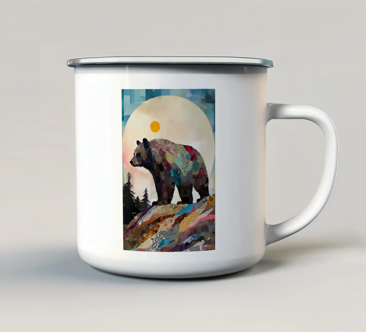 orso sole luna foresta alberi montagna silhouette patchwork col tazza in smalto da minerva santiago