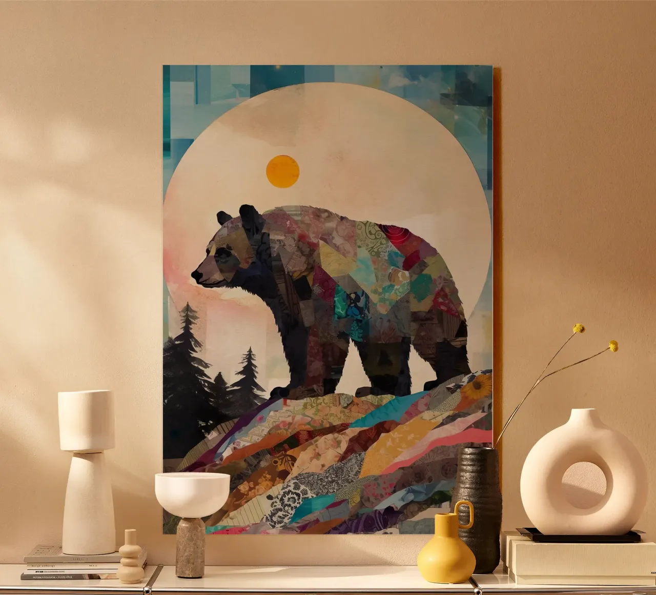 orso sole luna foresta alberi montagna silhouette patchwork col plexiglass da minerva santiago