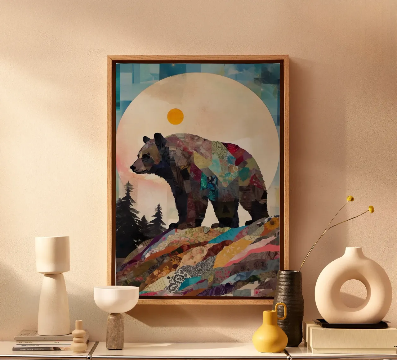 beer zon maan bos bomen berg silhouet patchwork col canvas met Baklijst van minerva santiago